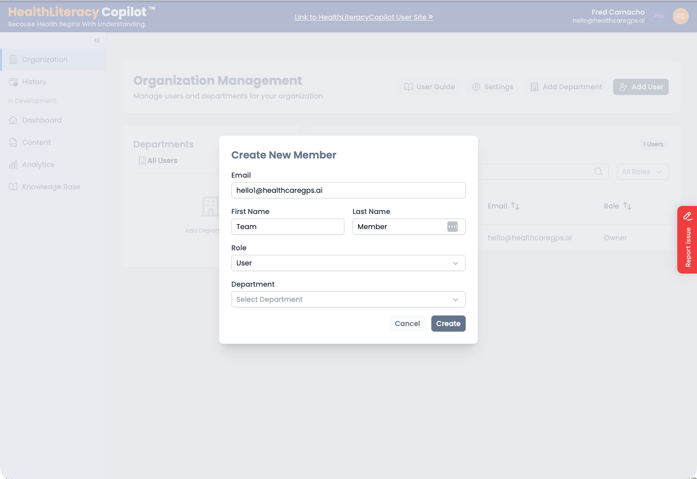 Create New Member form with email, name, role, and department fields