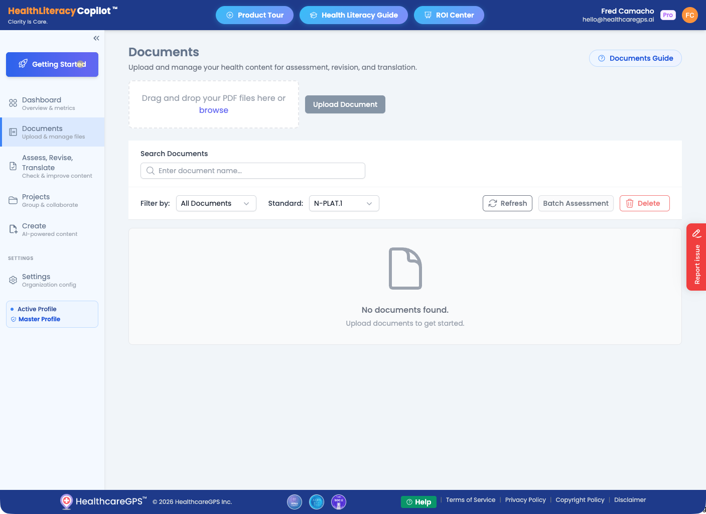 Documents page with upload area and empty document list