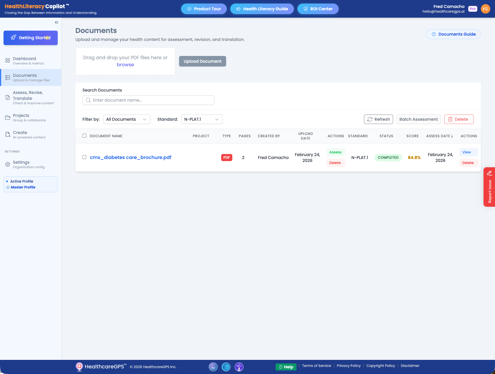Documents page showing completed assessment with 84.8% score